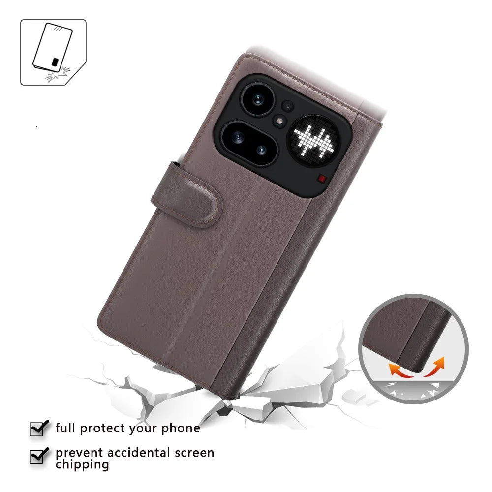 For Nothing Phone (4a) Pro Case Genuine Split Leather Phone Cover with Wallet Stand - Black - 5