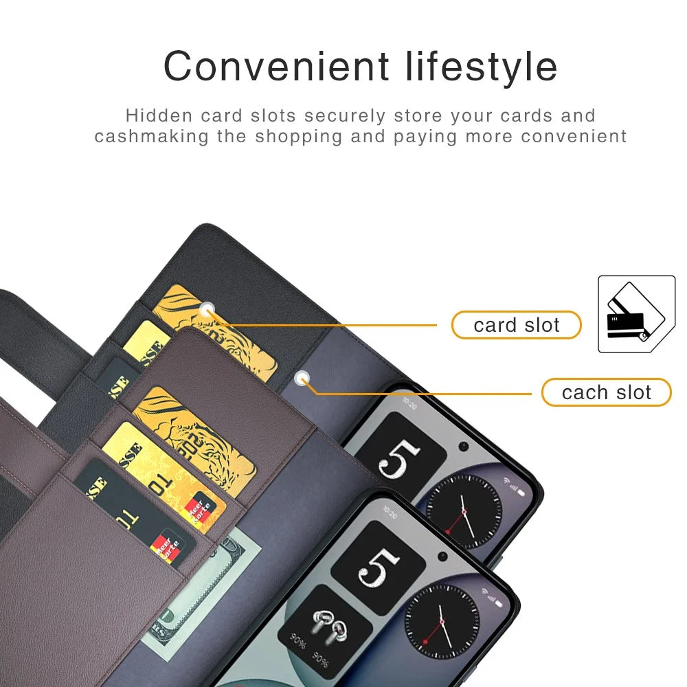 For Nothing Phone (4a) Pro Case Genuine Split Leather Phone Cover with Wallet Stand - Black - 6