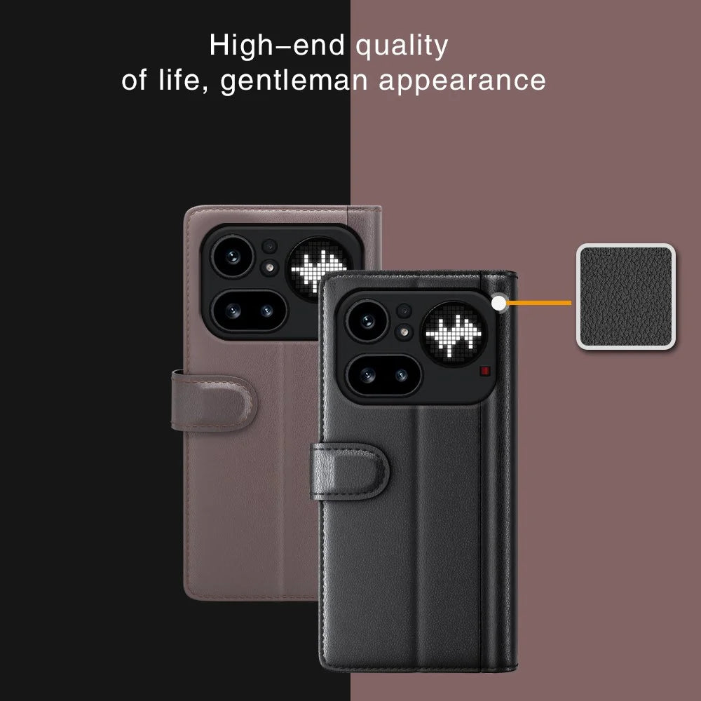 For Nothing Phone (4a) Pro Case Genuine Split Leather Phone Cover with Wallet Stand - Black - 7