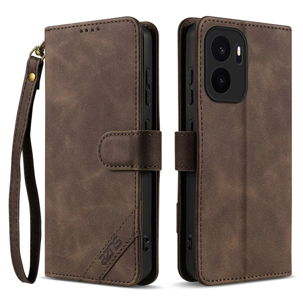 AZNS A2 for OnePlus Ace 6 Ultra 5G Leather Case with Wrist Strap RFID Blocking Wallet Stand Phone Cover - Brown - 1