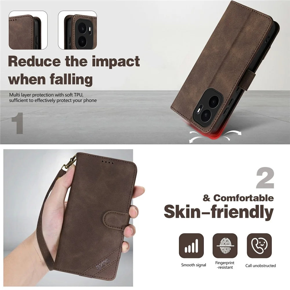 AZNS A2 for OnePlus Ace 6 Ultra 5G Leather Case with Wrist Strap RFID Blocking Wallet Stand Phone Cover - Brown - 3