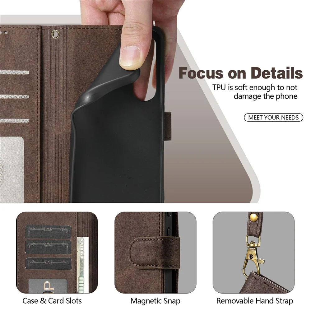 AZNS A2 for OnePlus Ace 6 Ultra 5G Leather Case with Wrist Strap RFID Blocking Wallet Stand Phone Cover - Brown - 4