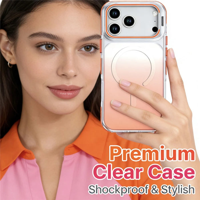 For iPhone 17 Pro Max Magnetic Case Gradient TPU PC Phone Back Cover with Lens Kickstand - Orange Gradient - 4