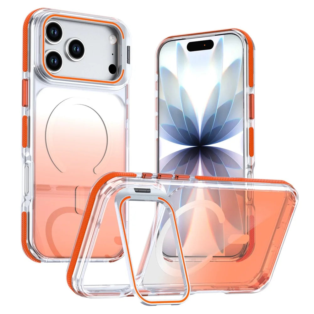 For iPhone 17 Pro Magnetic Case Gradient TPU PC Phone Back Cover with Lens Kickstand - Orange Gradient - 1