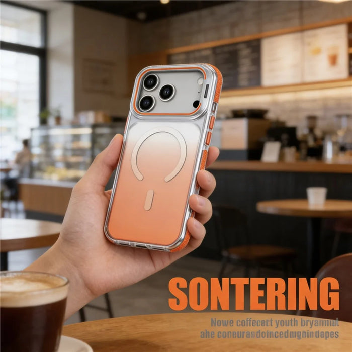 For iPhone 17 Pro Magnetic Case Gradient TPU PC Phone Back Cover with Lens Kickstand - Orange Gradient - 6