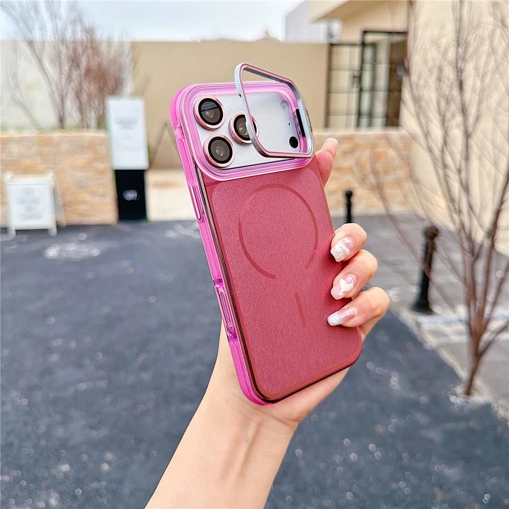 For iPhone 17 Pro Max Magnetic Case Kickstand PC+TPU Brushed Phone Cover with Lens Film - Pink - 1