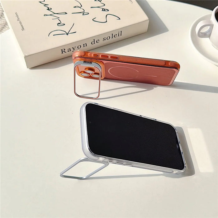 For iPhone 17 Pro Max Magnetic Case Kickstand PC+TPU Brushed Phone Cover with Lens Film - Pink - 4
