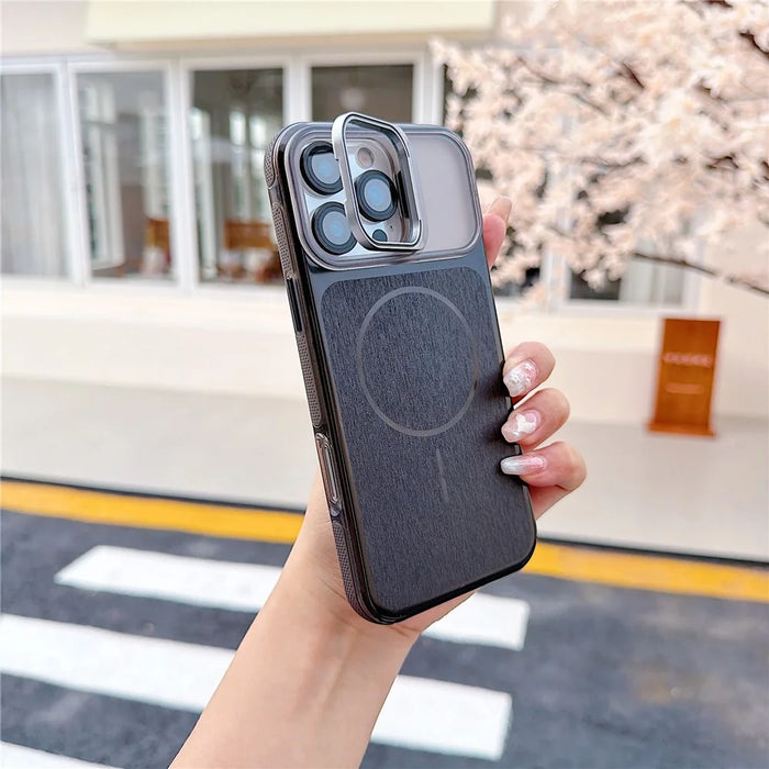 For iPhone 16 Pro Max Magnetic Case Kickstand PC+TPU Brushed Phone Cover with Lens Film - Black - 1