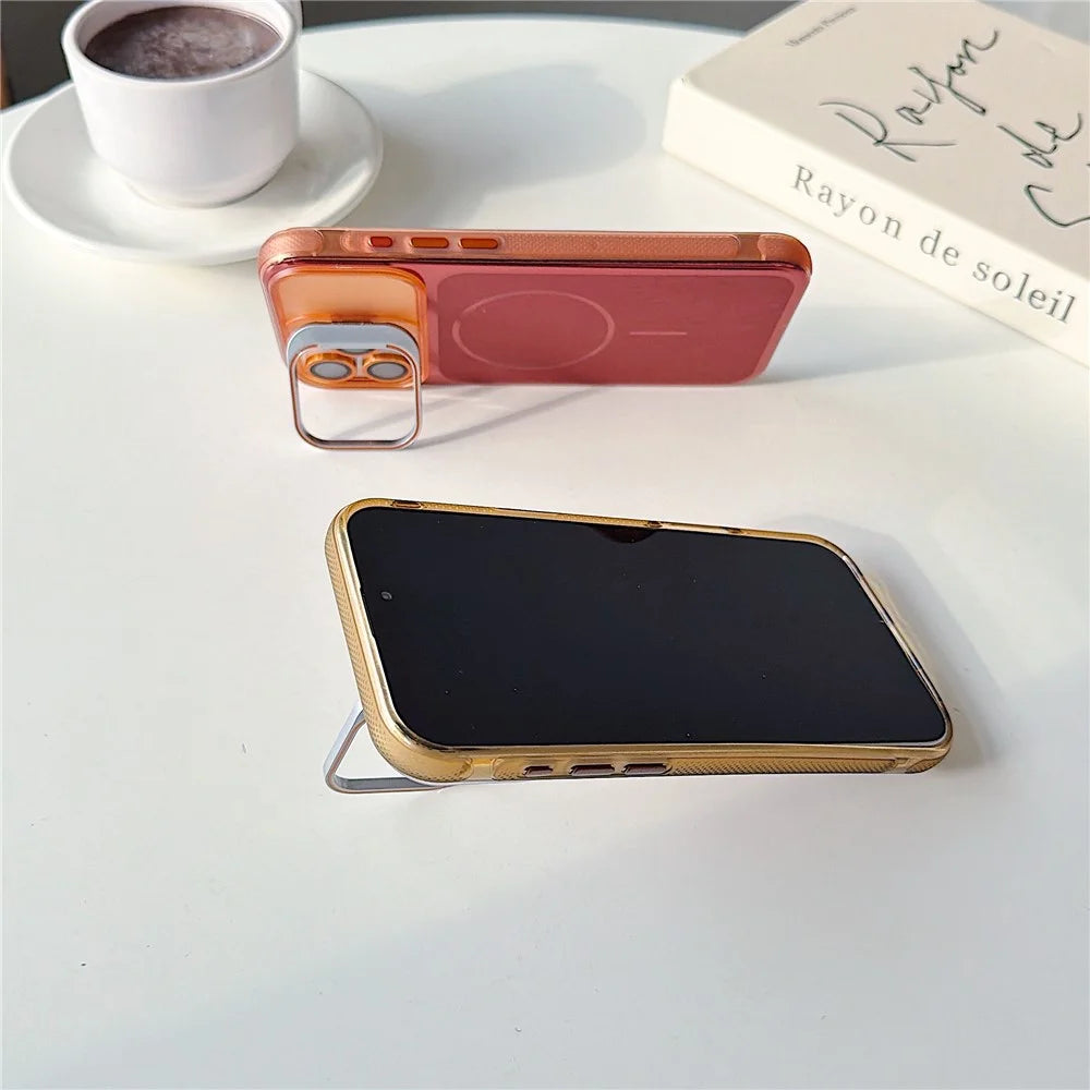 For iPhone 16 Pro Max Magnetic Case Kickstand PC+TPU Brushed Phone Cover with Lens Film - Black - 3