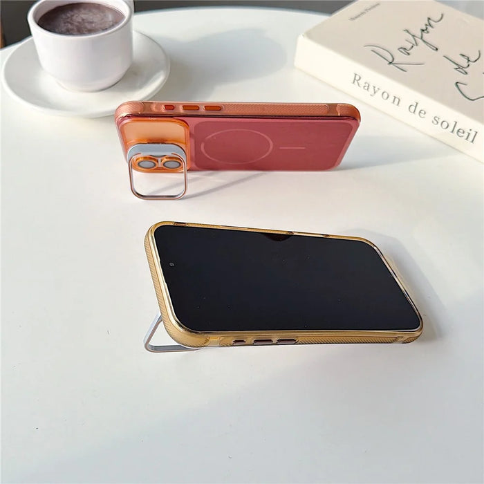 For iPhone 16 Pro Max Magnetic Case Kickstand PC+TPU Brushed Phone Cover with Lens Film - Black - 3
