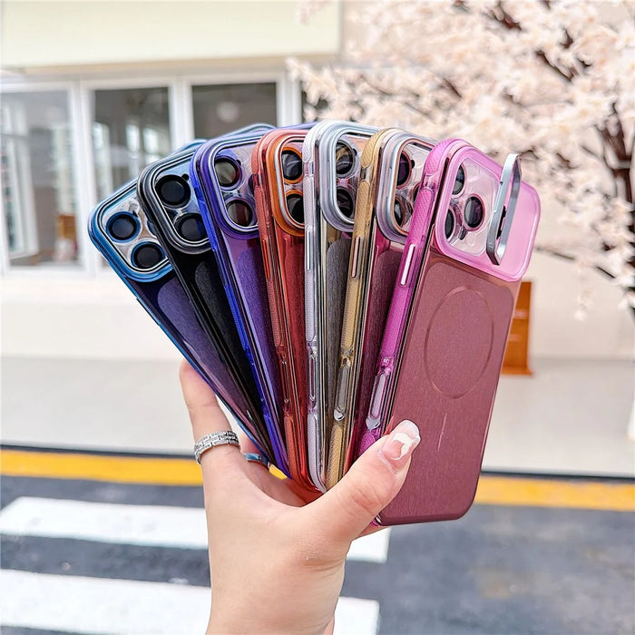 For iPhone 16 Pro Max Magnetic Case Kickstand PC+TPU Brushed Phone Cover with Lens Film - Black - 6