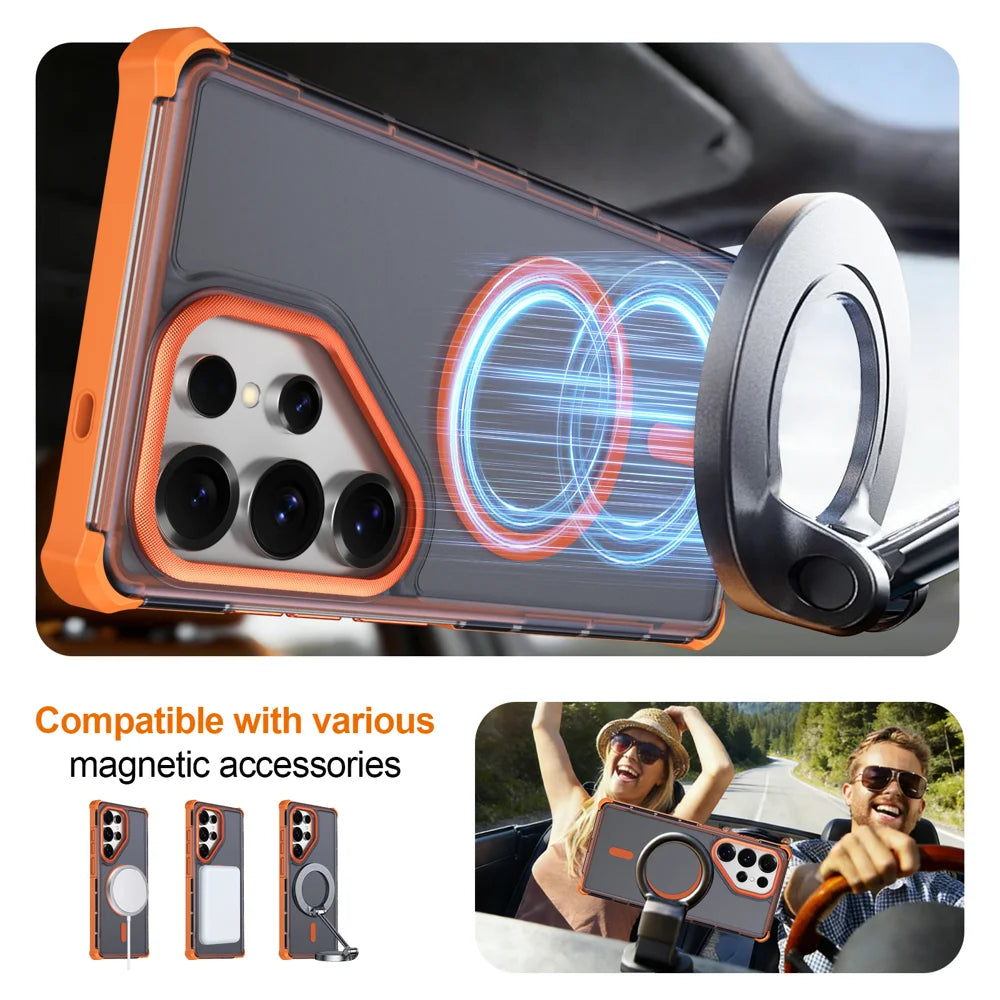 For Samsung Galaxy S25 Ultra Magnetic Case Electroplated Frame Skin-touch TPU+PC Phone Cover - Orange - 4