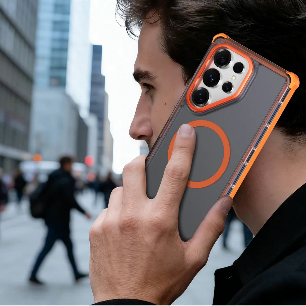 For Samsung Galaxy S25 Ultra Magnetic Case Electroplated Frame Skin-touch TPU+PC Phone Cover - Orange - 7