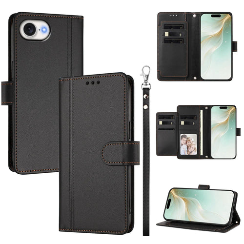 For iPhone 16e / iPhone 17e Case 9 Card Slots PU Leather Flip Wallet Phone Cover with Hand Strap - Black - 1