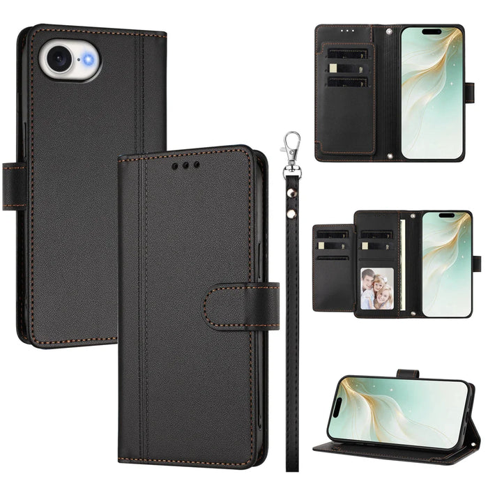 For iPhone 16e / iPhone 17e Case 9 Card Slots PU Leather Flip Wallet Phone Cover with Hand Strap - Black - 1