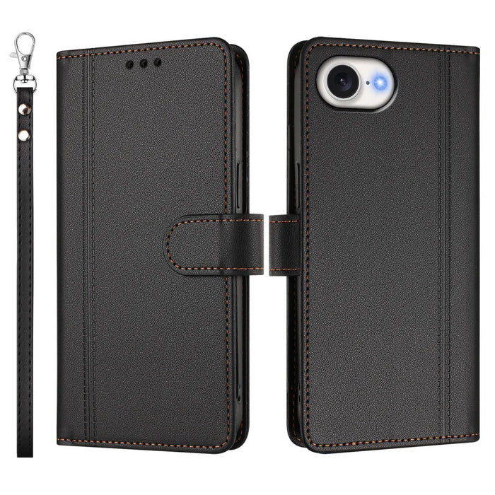 For iPhone 16e / iPhone 17e Case 9 Card Slots PU Leather Flip Wallet Phone Cover with Hand Strap - Black - 2