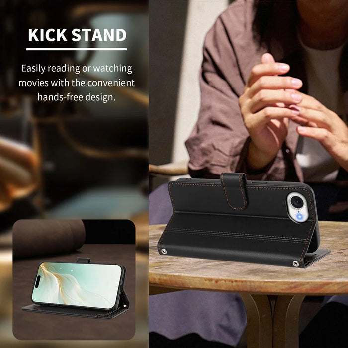 For iPhone 16e / iPhone 17e Case 9 Card Slots PU Leather Flip Wallet Phone Cover with Hand Strap - Black - 3