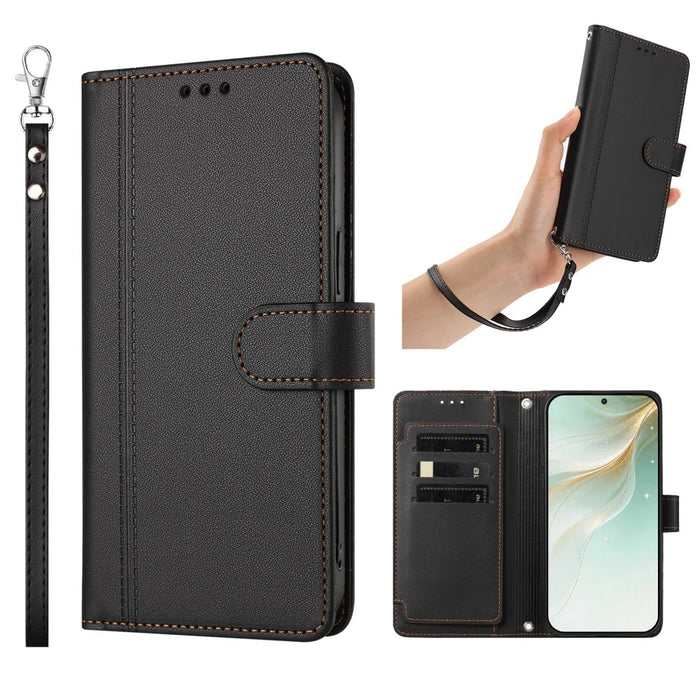 For iPhone 16e / iPhone 17e Case 9 Card Slots PU Leather Flip Wallet Phone Cover with Hand Strap - Black - 4