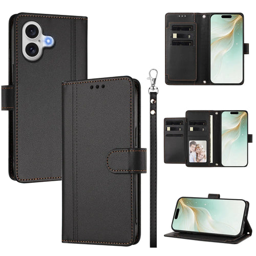 For iPhone 17 Case 9 Card Slots PU Leather Flip Wallet Phone Cover with Hand Strap - Black - 1