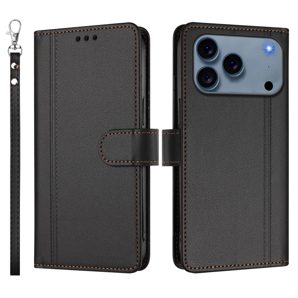 For iPhone 18 Pro / 17 Pro Case 9 Card Slots PU Leather Flip Wallet Phone Cover with Hand Strap - Black - 2