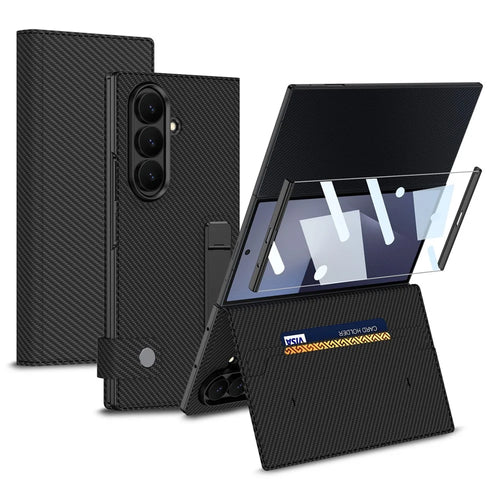 GKK for Samsung Galaxy Z TriFold 5G Wallet Case Rotating Stand Flip Leather Cover with Front Screen Protector - Carbon Fiber Texture - 1