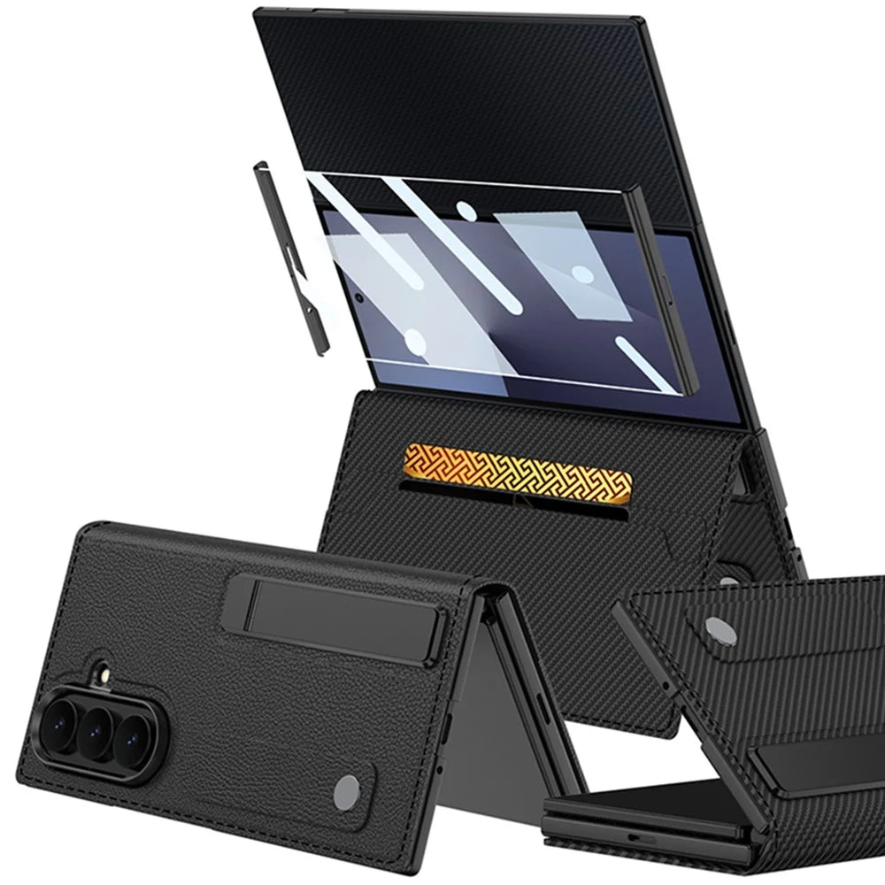 GKK for Samsung Galaxy Z TriFold 5G Wallet Case Rotating Stand Flip Leather Cover with Front Screen Protector - Carbon Fiber Texture - 2