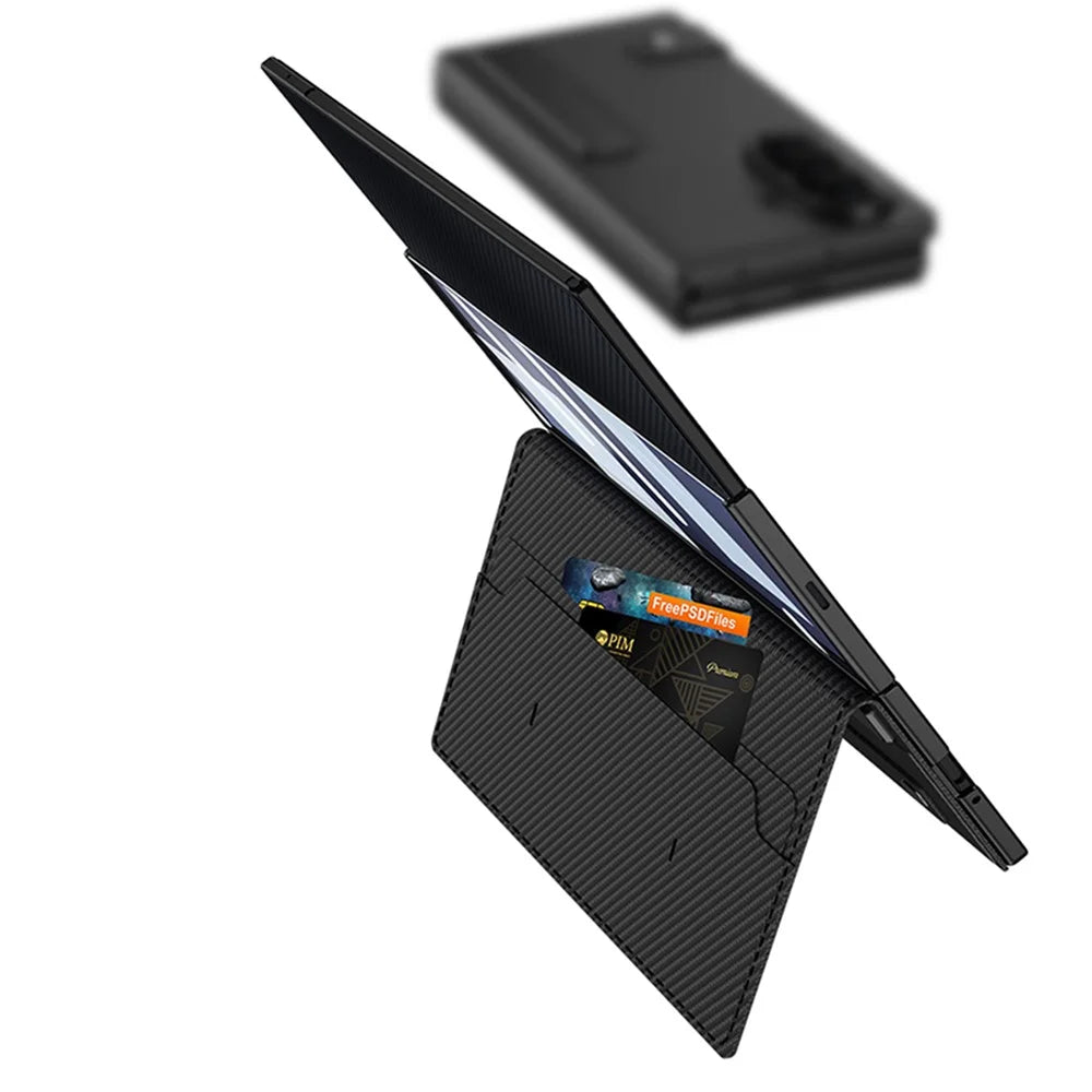 GKK for Samsung Galaxy Z TriFold 5G Wallet Case Rotating Stand Flip Leather Cover with Front Screen Protector - Carbon Fiber Texture - 5
