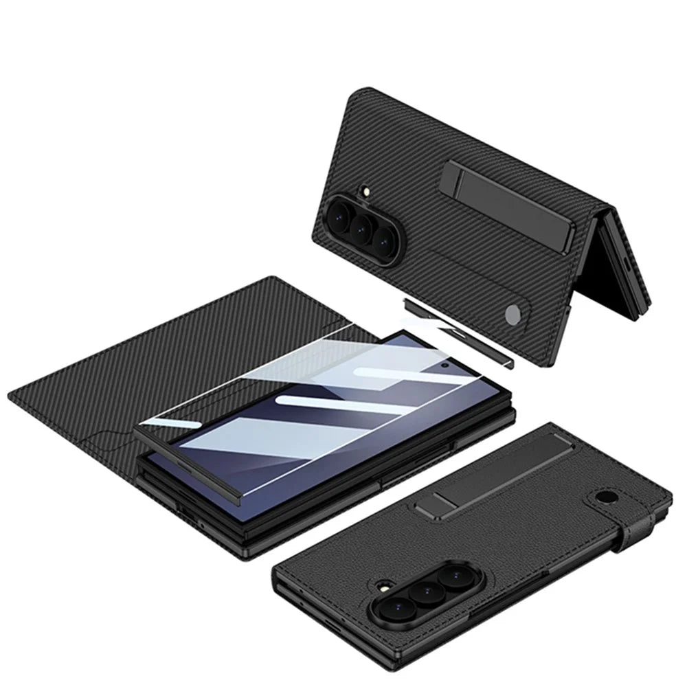 GKK for Samsung Galaxy Z TriFold 5G Wallet Case Rotating Stand Flip Leather Cover with Front Screen Protector - Carbon Fiber Texture - 7