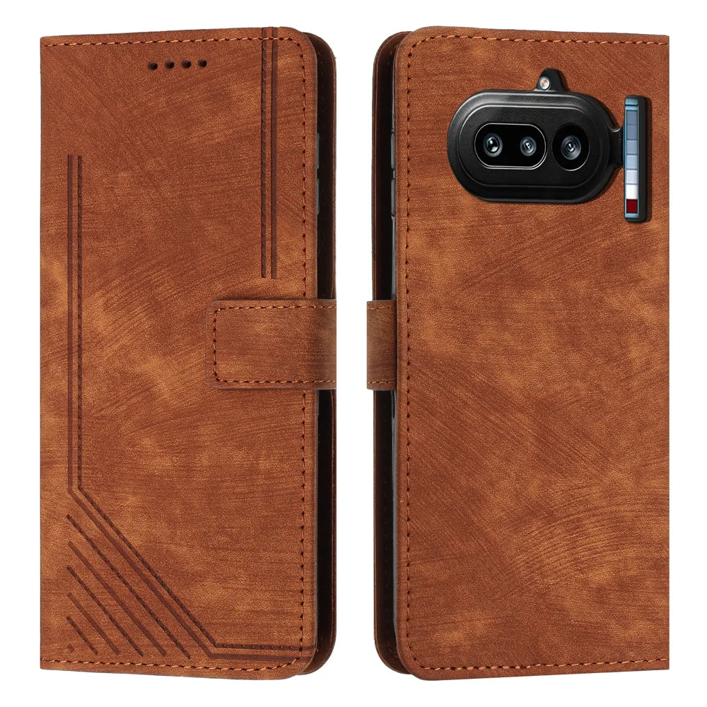 For Nothing Phone (4a) Stand Case Imprinted Lines Leather Phone Cover - Brown - 1