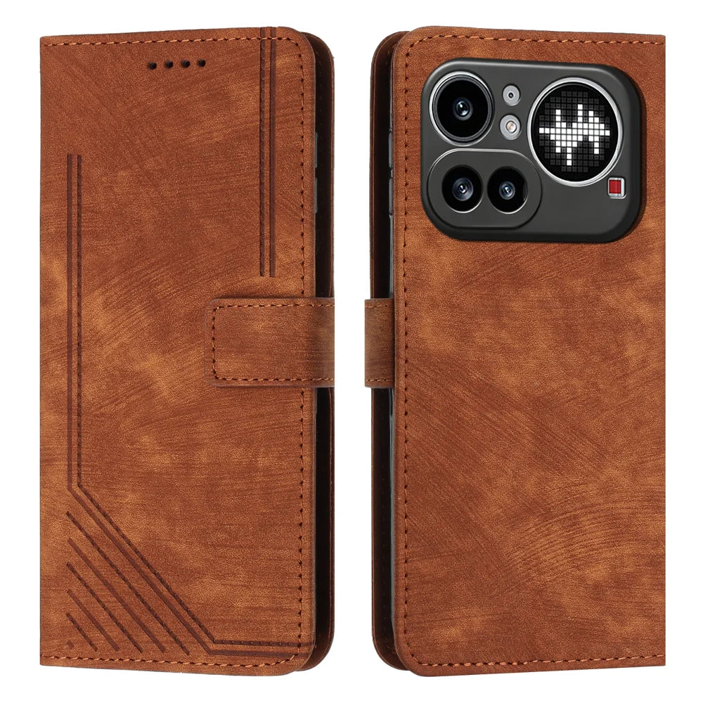 For Nothing Phone (4a) Pro Stand Case Imprinted Lines Leather Phone Cover - Brown - 1