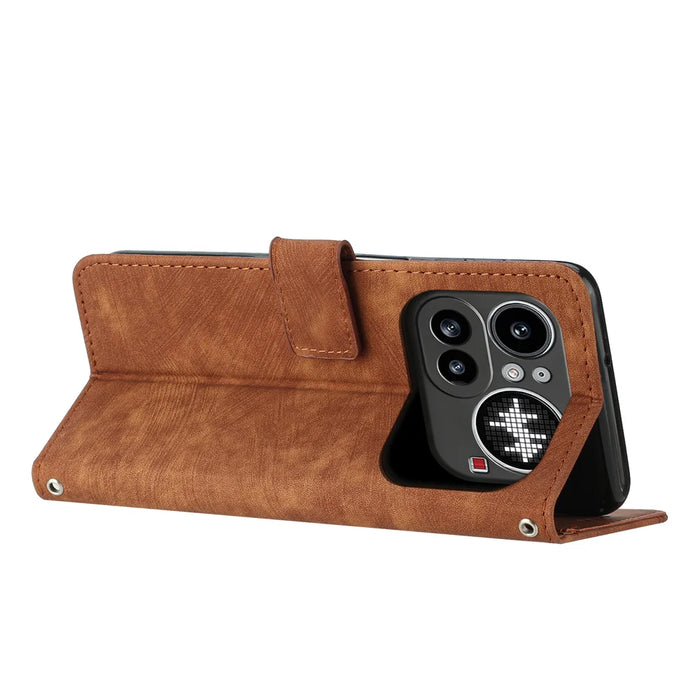 For Nothing Phone (4a) Pro Stand Case Imprinted Lines Leather Phone Cover - Brown - 2