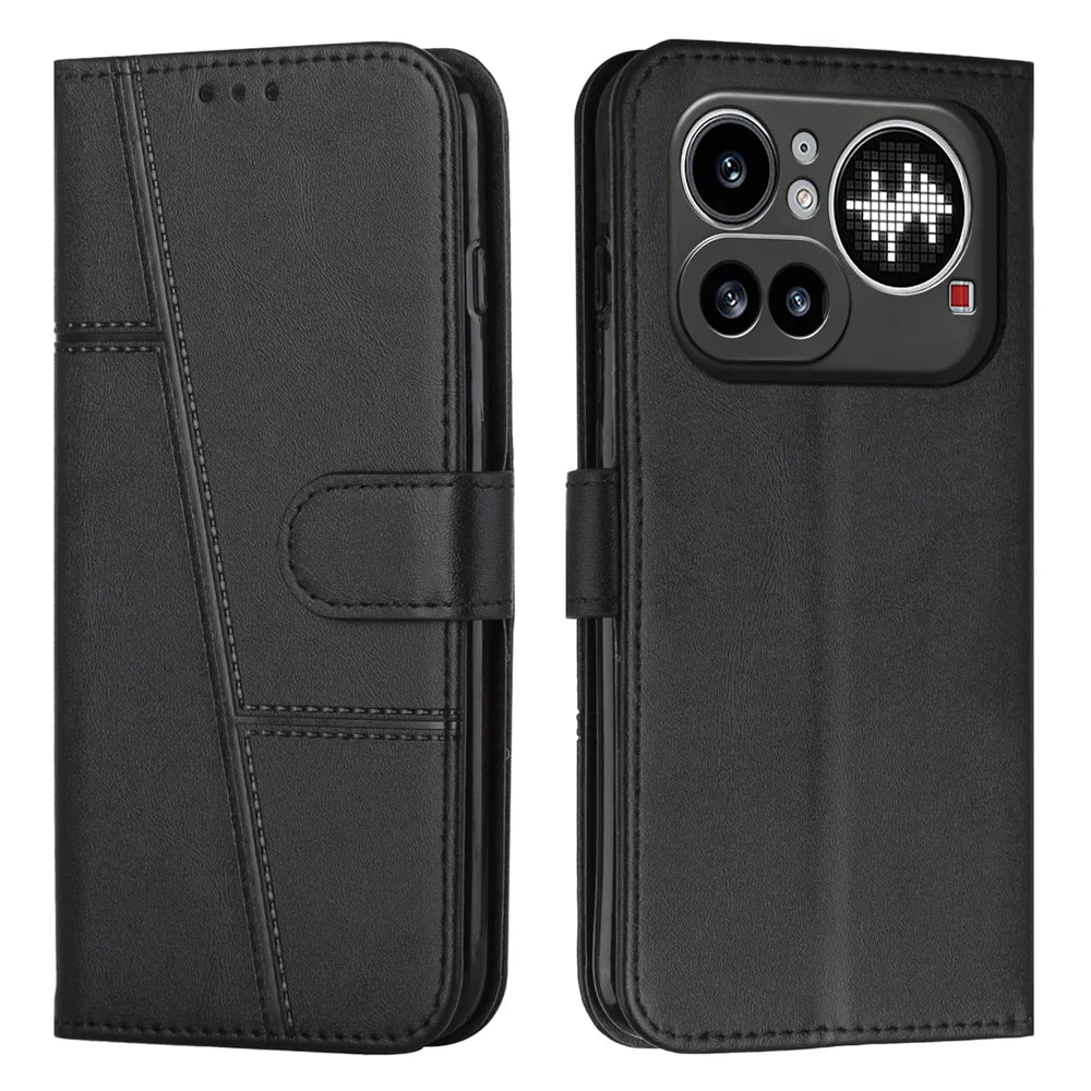 For Nothing Phone (4a) Pro Leather Phone Case  Foldable Stand Wallet Flip Cover with Strap - Black - 1