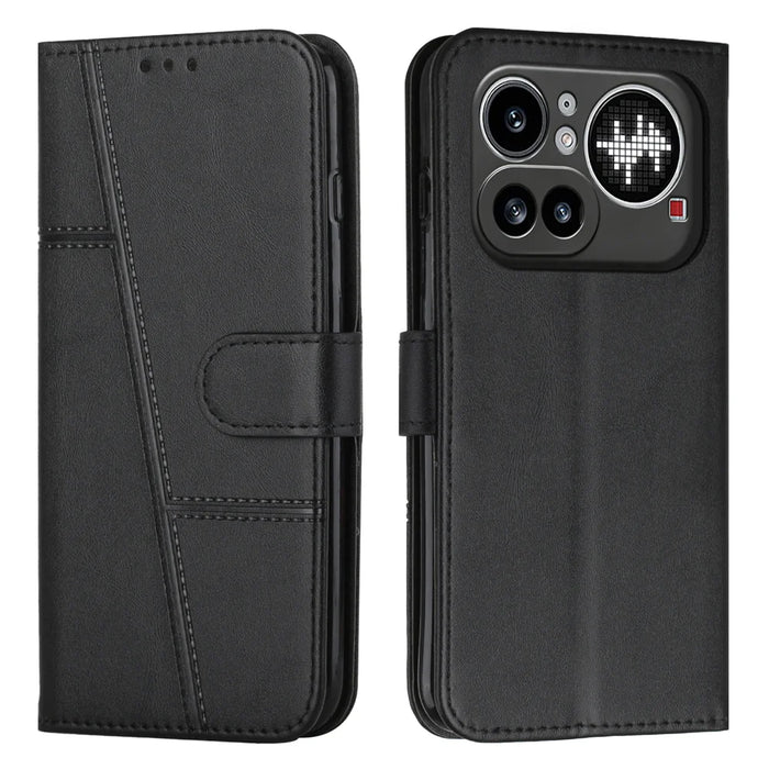 For Nothing Phone (4a) Pro Leather Phone Case  Foldable Stand Wallet Flip Cover with Strap - Black - 1