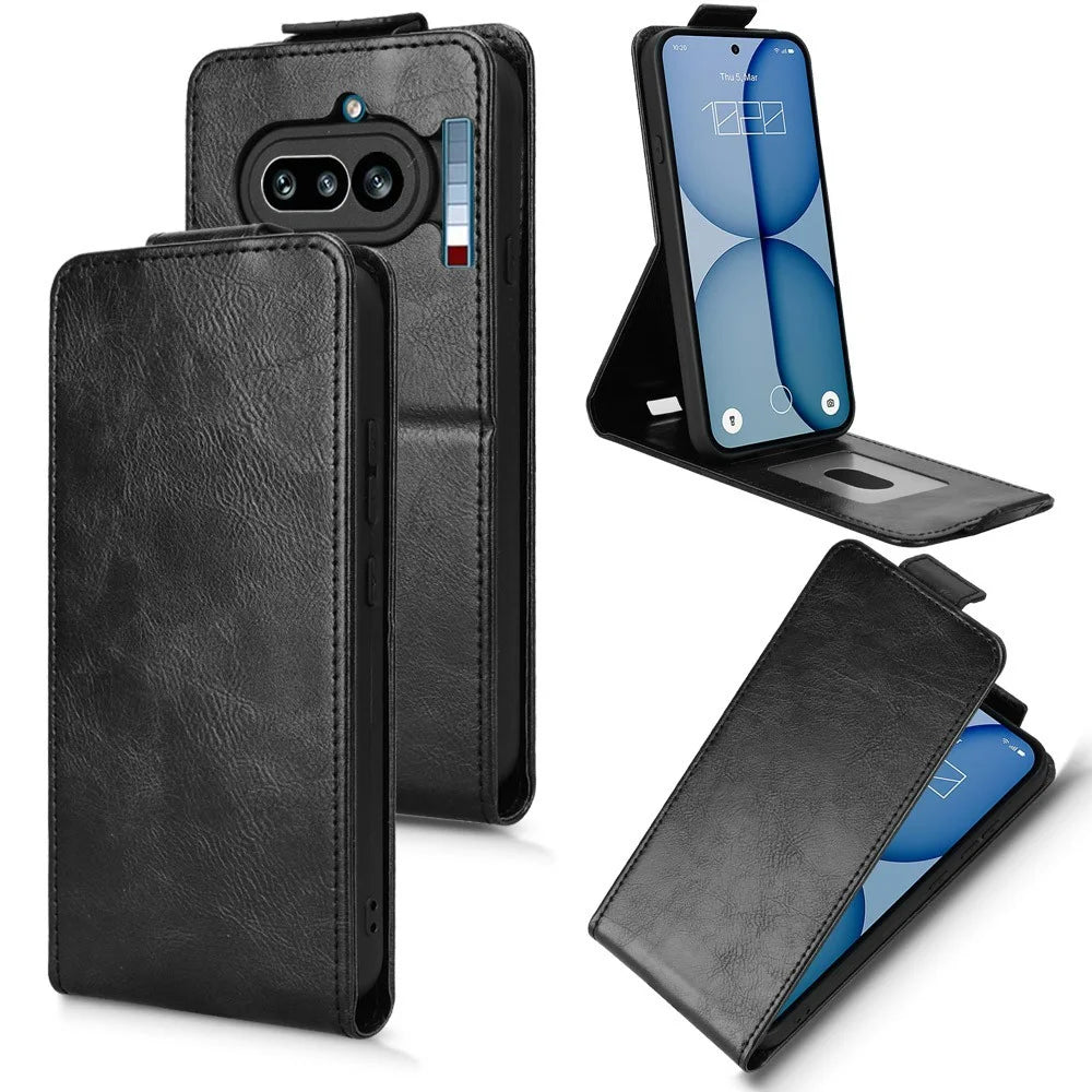 For Nothing Phone (4a) Stand Case Magnetic Clasp Vertical Flip Leather Phone Cover with Card Holder - Black - 1