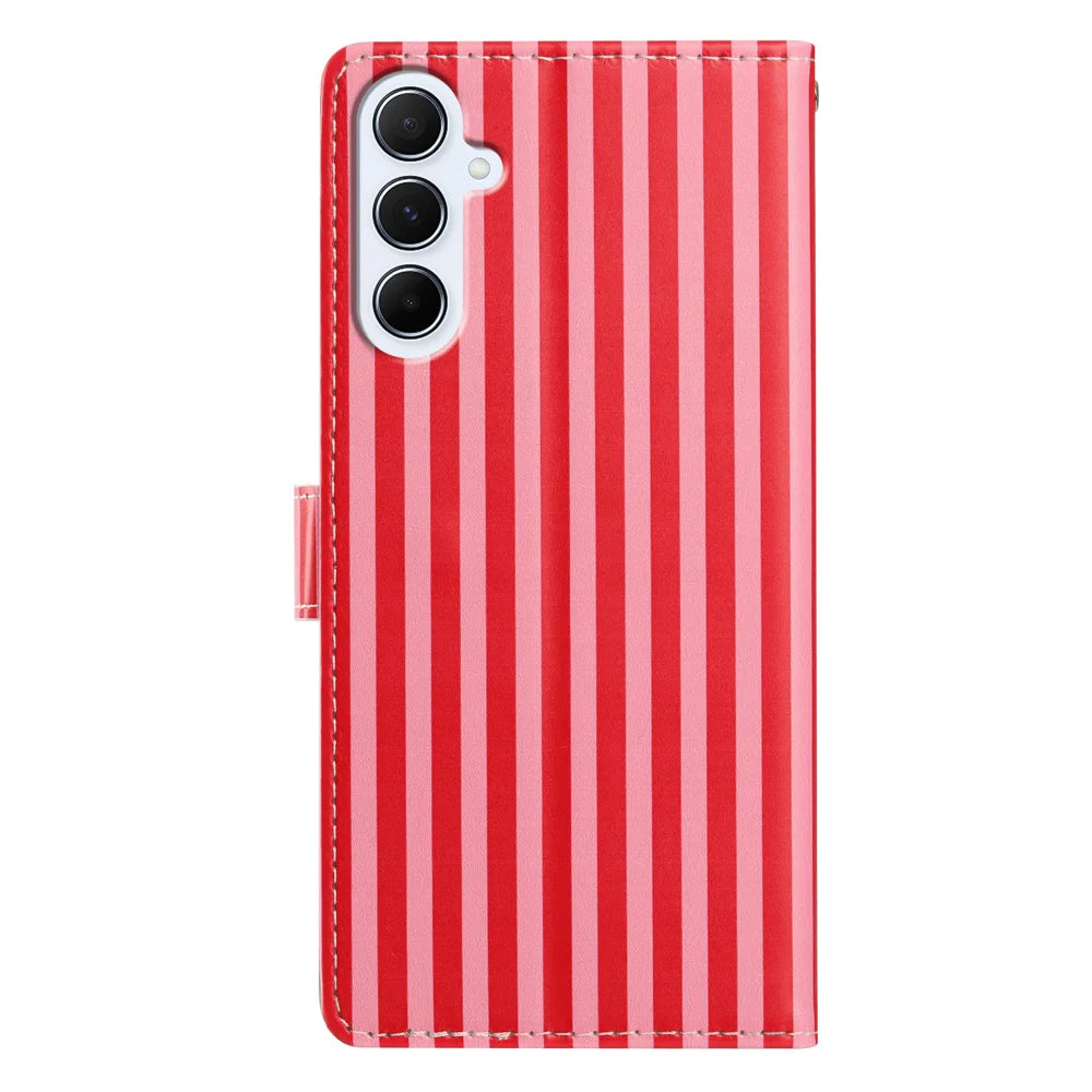 For Samsung Galaxy A36 5G Wallet Case Vintage Stripes Leather Stand Flip Phone Cover with Wrist Strap - Red - 4