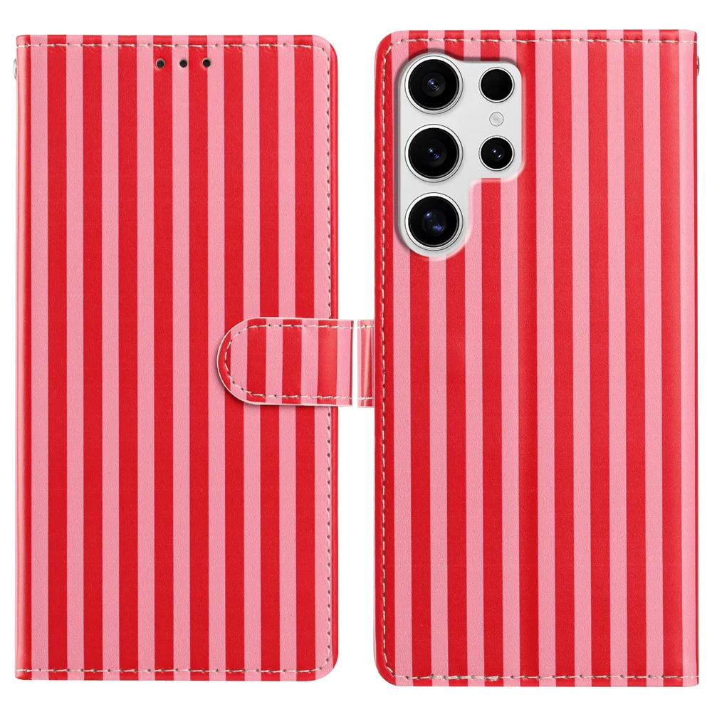 For Samsung Galaxy S26 Ultra Wallet Case Vintage Stripes Leather Stand Flip Phone Cover with Wrist Strap - Red - 1