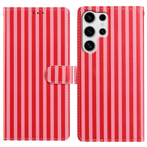 For Samsung Galaxy S26 Ultra Wallet Case Vintage Stripes Leather Stand Flip Phone Cover with Wrist Strap - Red - 1