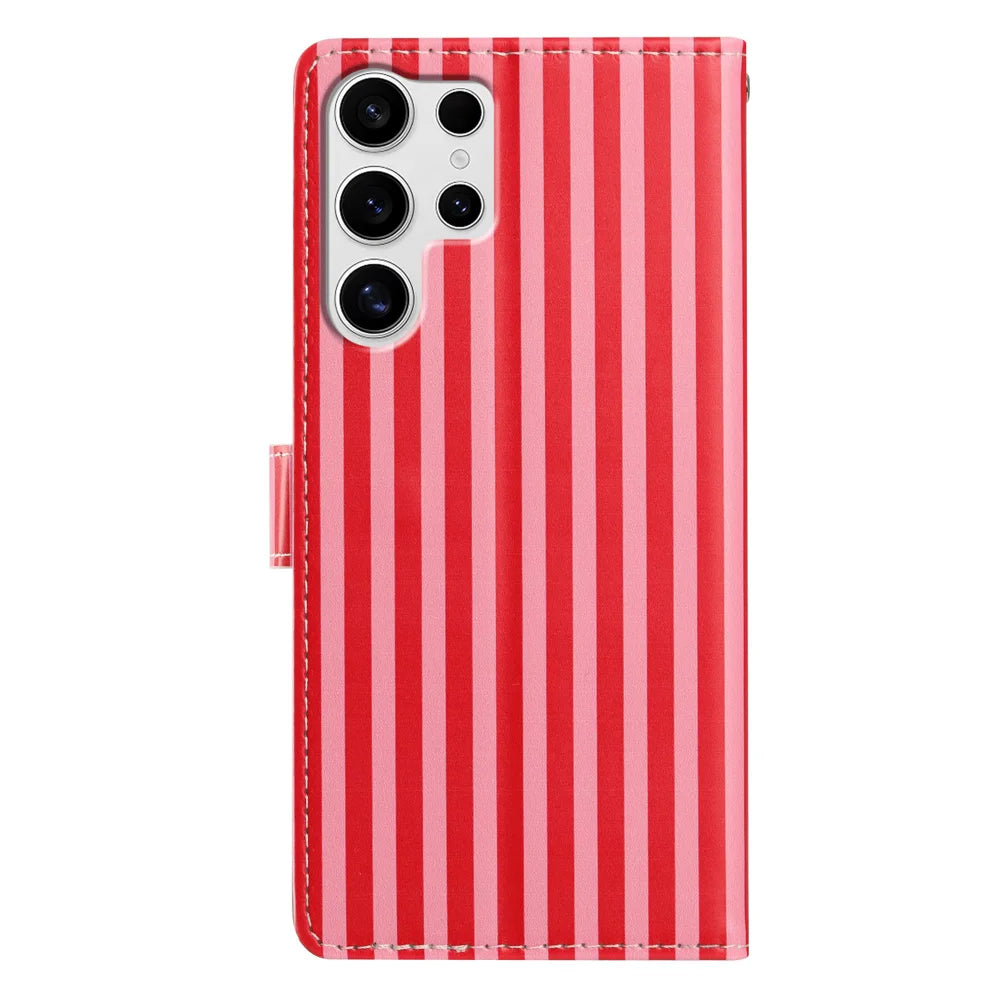 For Samsung Galaxy S26 Ultra Wallet Case Vintage Stripes Leather Stand Flip Phone Cover with Wrist Strap - Red - 4