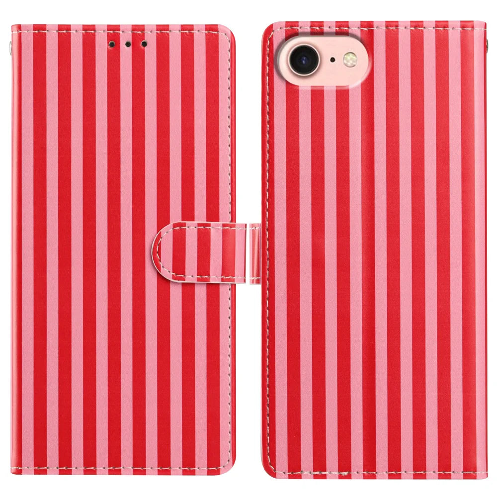 For iPhone 16e / iPhone 17e Wallet Case Vintage Stripes Leather Stand Flip Phone Cover with Wrist Strap - Red - 1