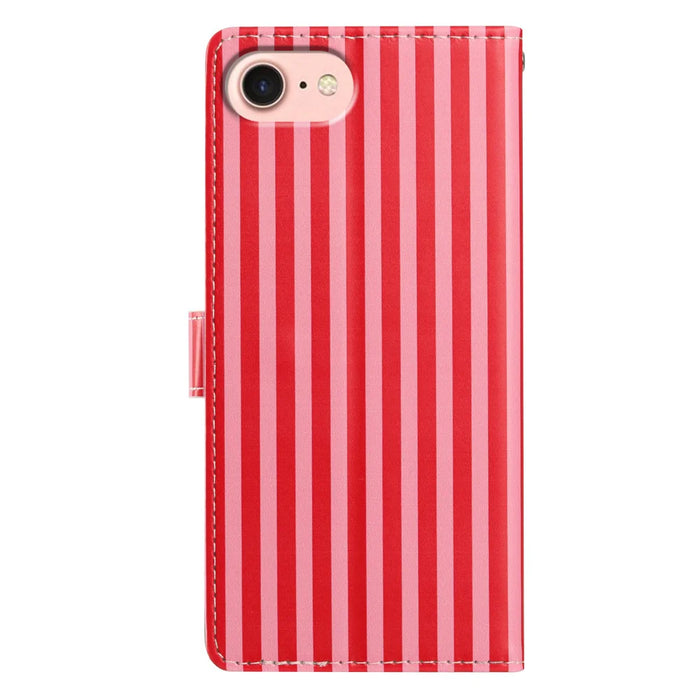 For iPhone 16e / iPhone 17e Wallet Case Vintage Stripes Leather Stand Flip Phone Cover with Wrist Strap - Red - 4