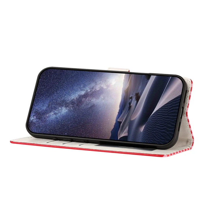 For iPhone 16e / iPhone 17e Wallet Case Vintage Stripes Leather Stand Flip Phone Cover with Wrist Strap - Red - 6