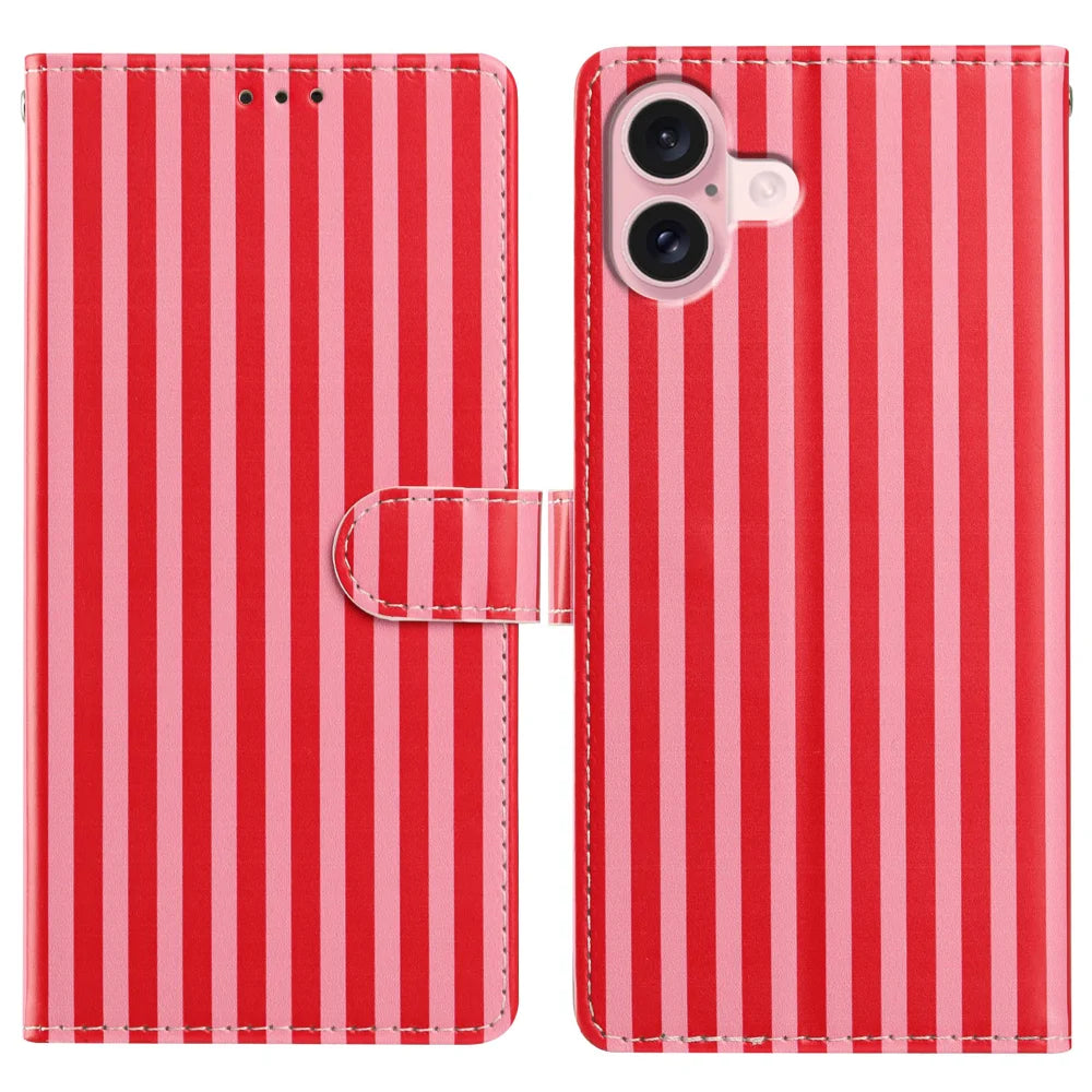 For iPhone 17 Wallet Case Vintage Stripes Leather Stand Flip Phone Cover with Wrist Strap - Red - 1