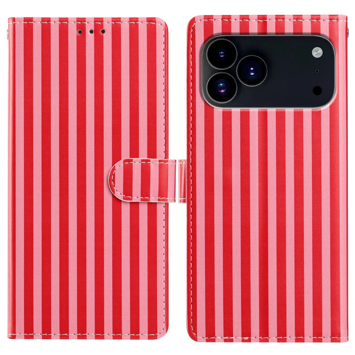 For iPhone 18 Pro / 17 Pro Wallet Case Vintage Stripes Leather Stand Flip Phone Cover with Wrist Strap - Red - 1