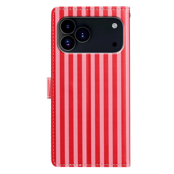 For iPhone 18 Pro / 17 Pro Wallet Case Vintage Stripes Leather Stand Flip Phone Cover with Wrist Strap - Red - 4