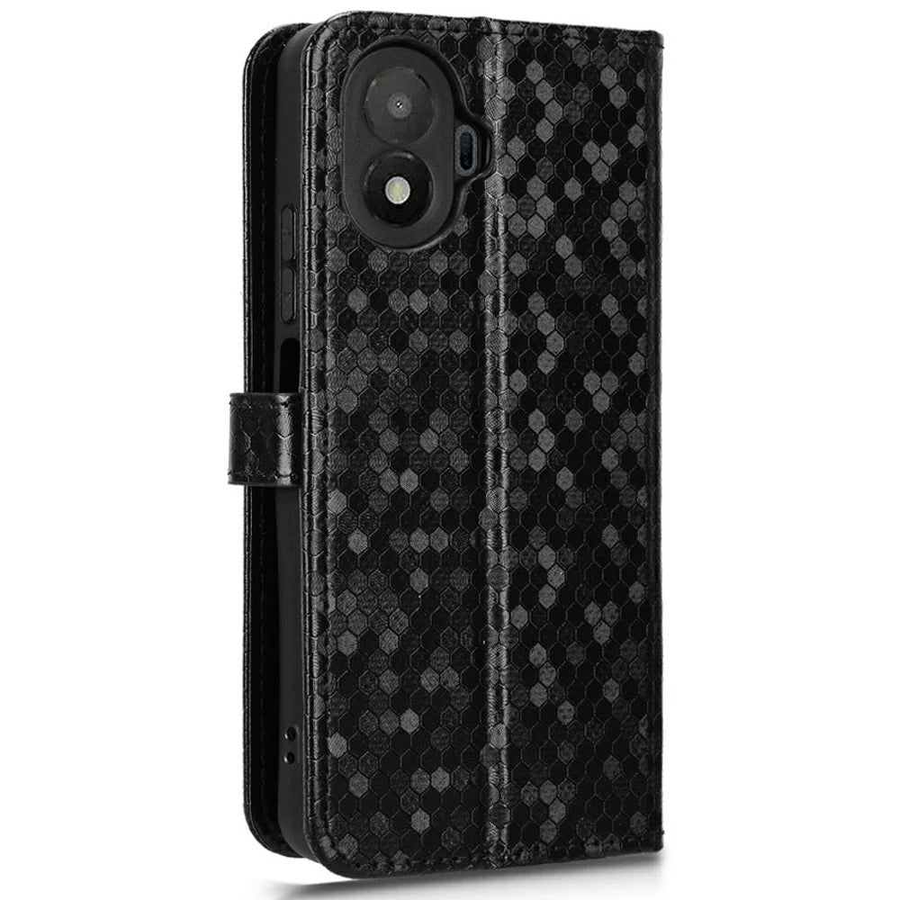 For TCL K70 SE 4G Wallet Case Dot Pattern Imprint PU Leather Phone Cover with Wrist Strap - Black - 7