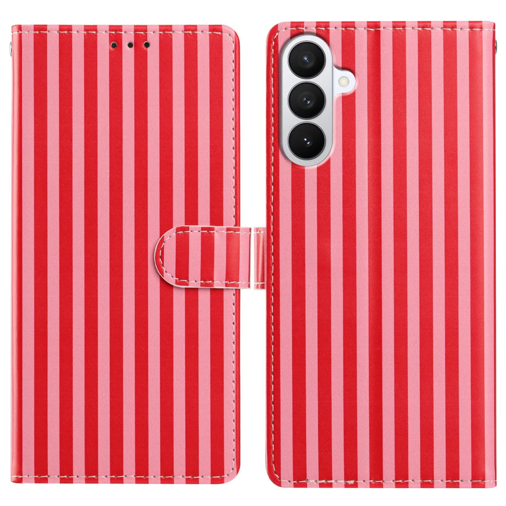 For Samsung Galaxy S26+ Wallet Case Vintage Stripes Leather Stand Flip Phone Cover with Wrist Strap - Red - 1