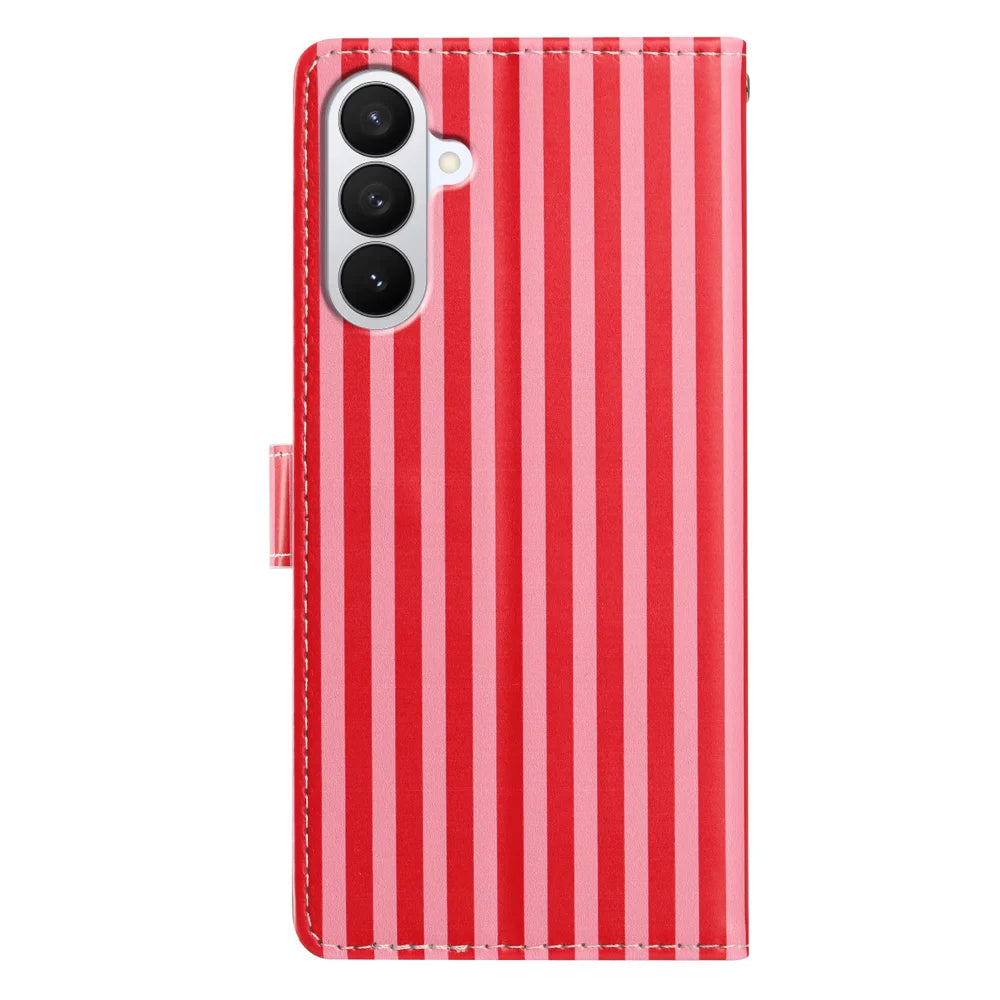 For Samsung Galaxy S26+ Wallet Case Vintage Stripes Leather Stand Flip Phone Cover with Wrist Strap - Red - 4