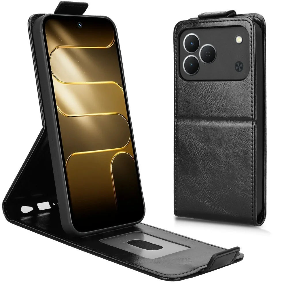 For TECNO Spark 50 4G Stand Case Magnetic Clasp Vertical Flip Leather Phone Cover with Card Holder - Black - 3