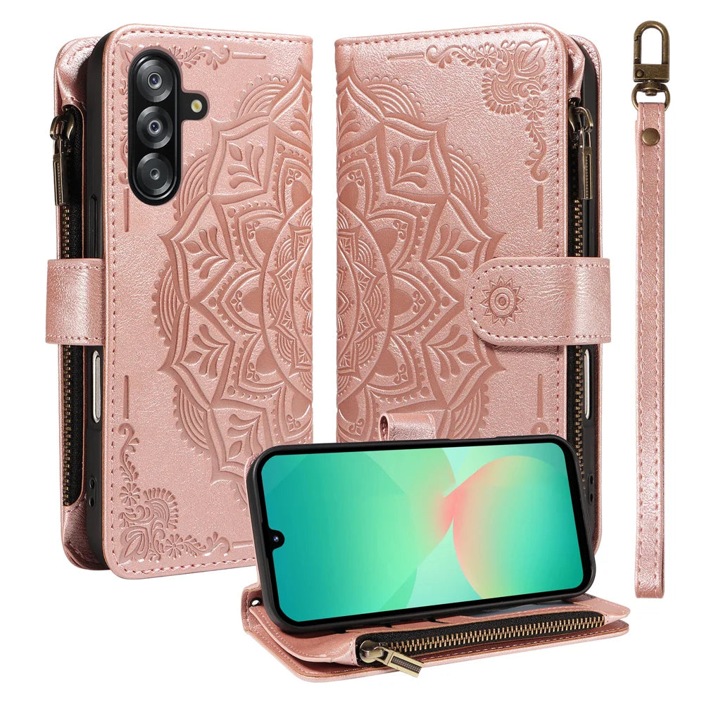 For Samsung Galaxy A18 5G / A17 5G / A17 4G / A26 5G / A16 5G / A16 4G Wallet Case 9 Card Slots RFID Blocking Mandala Embossed Leather Flip Cover with Wrist Strap - Rose Gold - 1