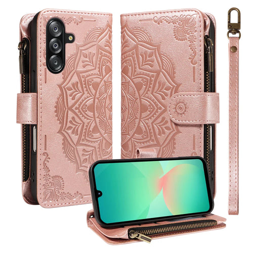 For Samsung Galaxy A18 5G / A17 5G / A17 4G / A26 5G / A16 5G / A16 4G Wallet Case 9 Card Slots RFID Blocking Mandala Embossed Leather Flip Cover with Wrist Strap - Rose Gold - 1